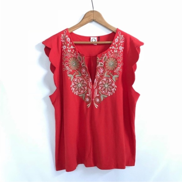 Anthropologie Akemi Kin Embroidered Scalloped Sleeve Top Boho M - Picture 2 of 8